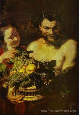 Satyre et fille avec un panier de fruits