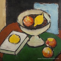 Nature morte avec stand de fruits, livre et fruits