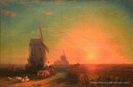 Coucher de soleil. Moulin