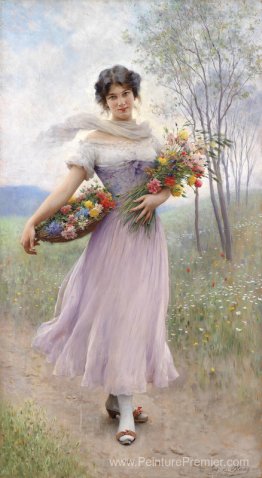 Fille dans une robe de couleur lilas avec bouquet de fleurs