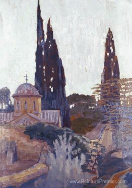 Église avec cyprès