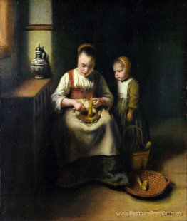 Une femme grattant les panais, avec un enfant debout à côté d'el