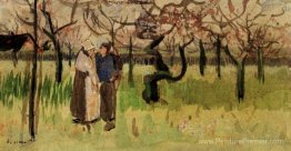 Orchard en fleur avec deux figures printemps