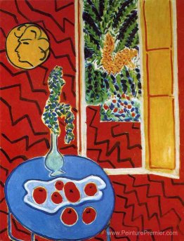 Intérieur rouge. Nature morte sur une table bleue