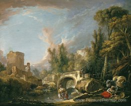 Paysage fluvial avec ruine et pont