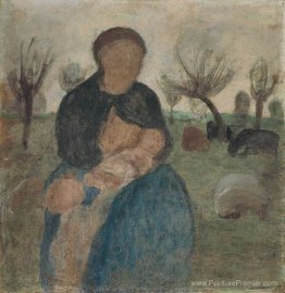 Mère avec bébé à sa poitrine et enfant dans le paysage