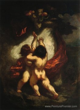 Deux cupides avec draperie rouge