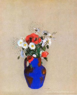 Coquelicots et marguerites dans un vase bleu