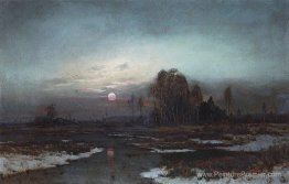 Paysage d'automne avec une rivière marécageuse au clair de lune