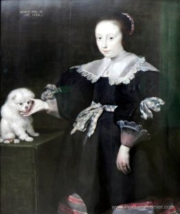 Portrait d'une fille de onze ans avec un chien, vêtu de mode esp