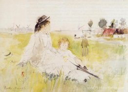 Fille et enfant sur l'herbe