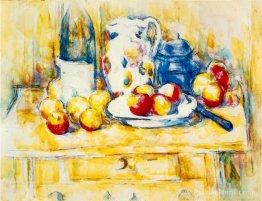 Nature morte avec des pommes, une bouteille et un lait