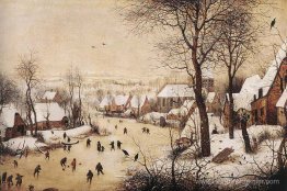 Paysage d'hiver avec patineurs et un piège à oiseaux