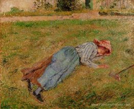 Repos, paysanne allongée sur l'herbe, pontoise