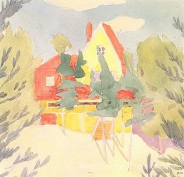 Paysage avec la maison avec toit rouge