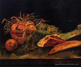 Nature morte avec des pommes, de la viande et un rouleau