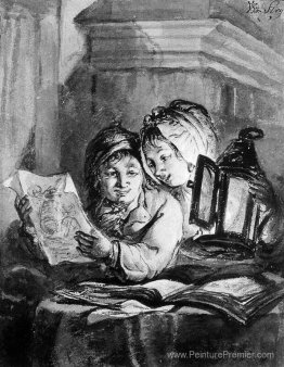 Garçon et fille qui regarde les dessins