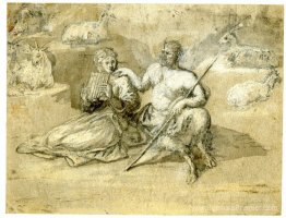 Dessin d'un satyre, d'une fille et de chèvres