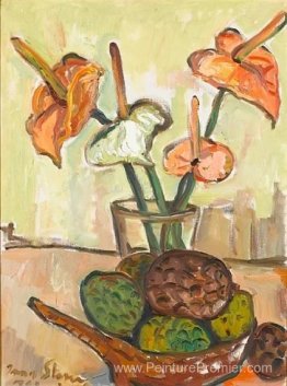 Nature morte avec des anthuriums et des fruits