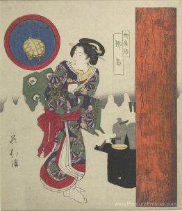 Femme debout près du plateau de laque avec saké