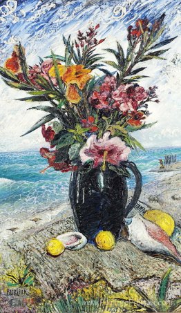 Nature morte avec des fleurs au bord de la mer