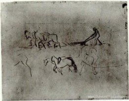 Croquis de paysan labour avec des chevaux