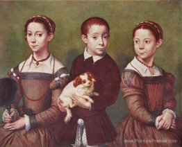 Trois enfants avec un chien
