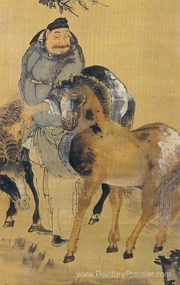 La peinture d'un homme avec deux chevaux (détail?)
