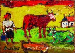 Femme paysanne avec des vaches rouges et vertes