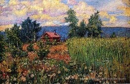 Paysage avec une maison rose