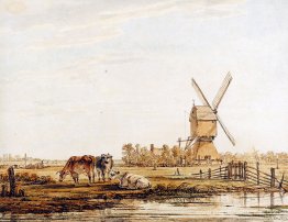 Paysage avec moulin et bétail
