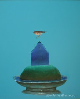 Oiseau avec anneau et maison bleue