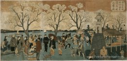 Impression de triptyque japonaise montrant des japonais et des é