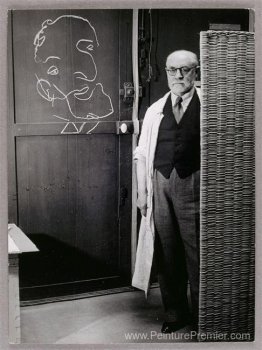 Henri Matisse se tenant contre un écran et dessin avec de la cra