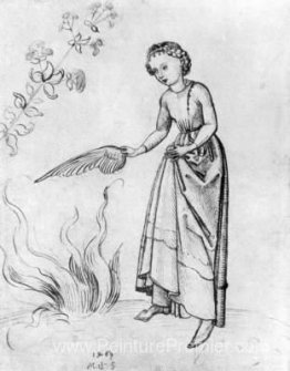 Jeune femme attirant un feu avec une aile d'oiseau