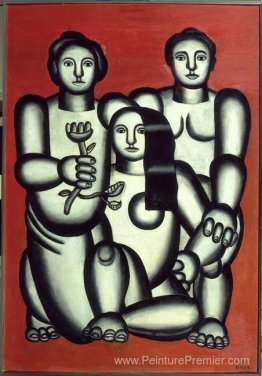 Trois filles sur fond rouge (composition avec trois femmes)