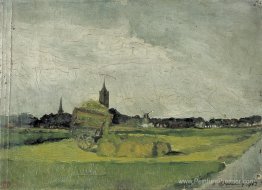 Paysage avec chariot de foin, tours d'église et moulin à vent