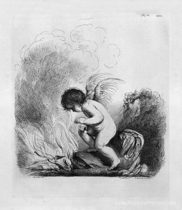 Cupidon qui cherche à brûler l'arc et les flèches par Guercino