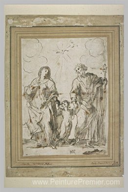 Le nourrisson Jésus, entre la Vierge et Saint Joseph