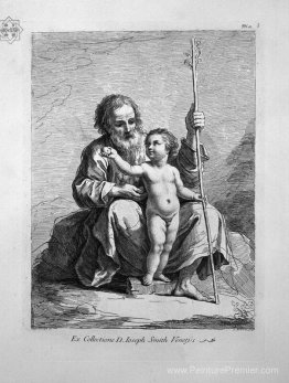 Saint Joseph, enfant Jésus entre ses genoux, lui tend une pomme