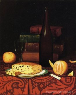 Nature morte avec gâteau aux raisins secs, fruits et vin