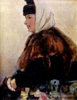 Portrait de jeune femme en manteau de fourrure avec Muff