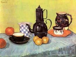 Nature morte avec coffrepot en émail bleu, en terre cuite et fru