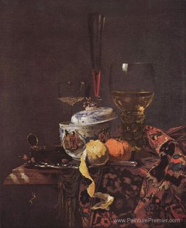 Nature morte avec la verrerie et le bol recouvert de porcelaine