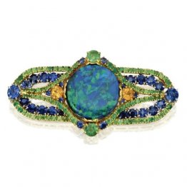 Karat Gold, Platinum, Opal, Sapphire et Garnet Brooch