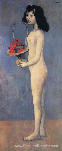 Jeune fille nue avec panier de fleurs