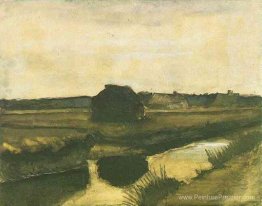 Paysage avec une pile de tourbe et de fermes