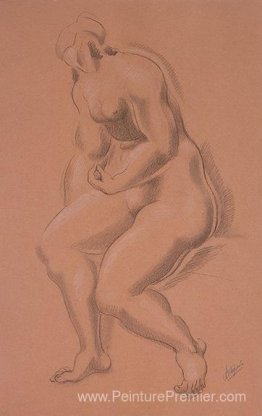 Femme assis nue avec la main gauche sur la jambe droite