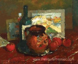 Nature morte avec pot rouge et pommes