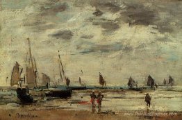 Berck, jetée et bateaux à voile à marée basse